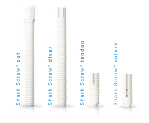 Shark Screw® allograft bone screws by Surgebright displayed in various sizes and types, including Shark Screw® Cut, Shark Screw® Diver, and Shark Screw® Tendon, made from human cortical bone for natural bone fixation.